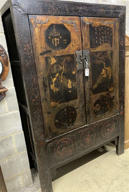 A Chinese lacquer two door cabinet, width 117cm, depth 55cm, height 179cm
